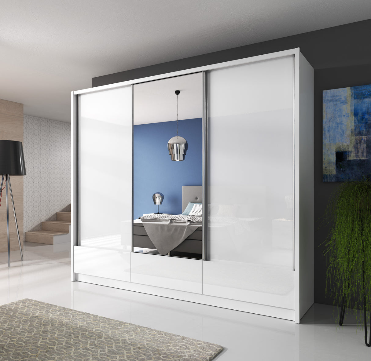 SLIDING DOOR WARDROBE ARIA I 254CM WHITE GLOSSDiscover the ultimate storage solution for modern homes with the Aria I Wardrobe. Its spacious and functional design offers complete freedom in storing your belongings. Crafted with precision and attention to