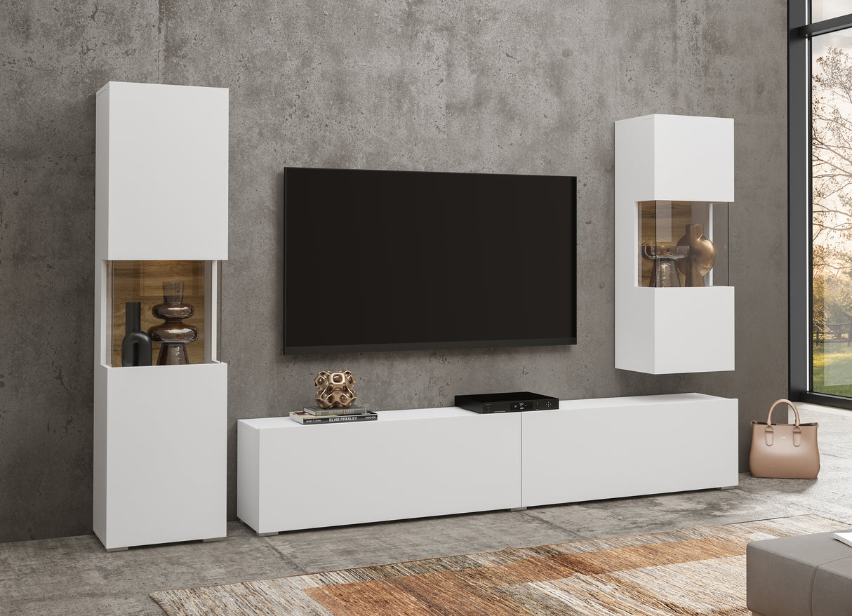 TV WALL UNIT AVA Wotan oak/whiteThe set consists of the following elements(width/height/depth in cm)AVA 05 display cabinet (36/140/30)AVA 07 display cabinet (36/95/30)TV chest of drawers AVA 40 (180/35/30)Specific information ColorationWotan Oak / White A