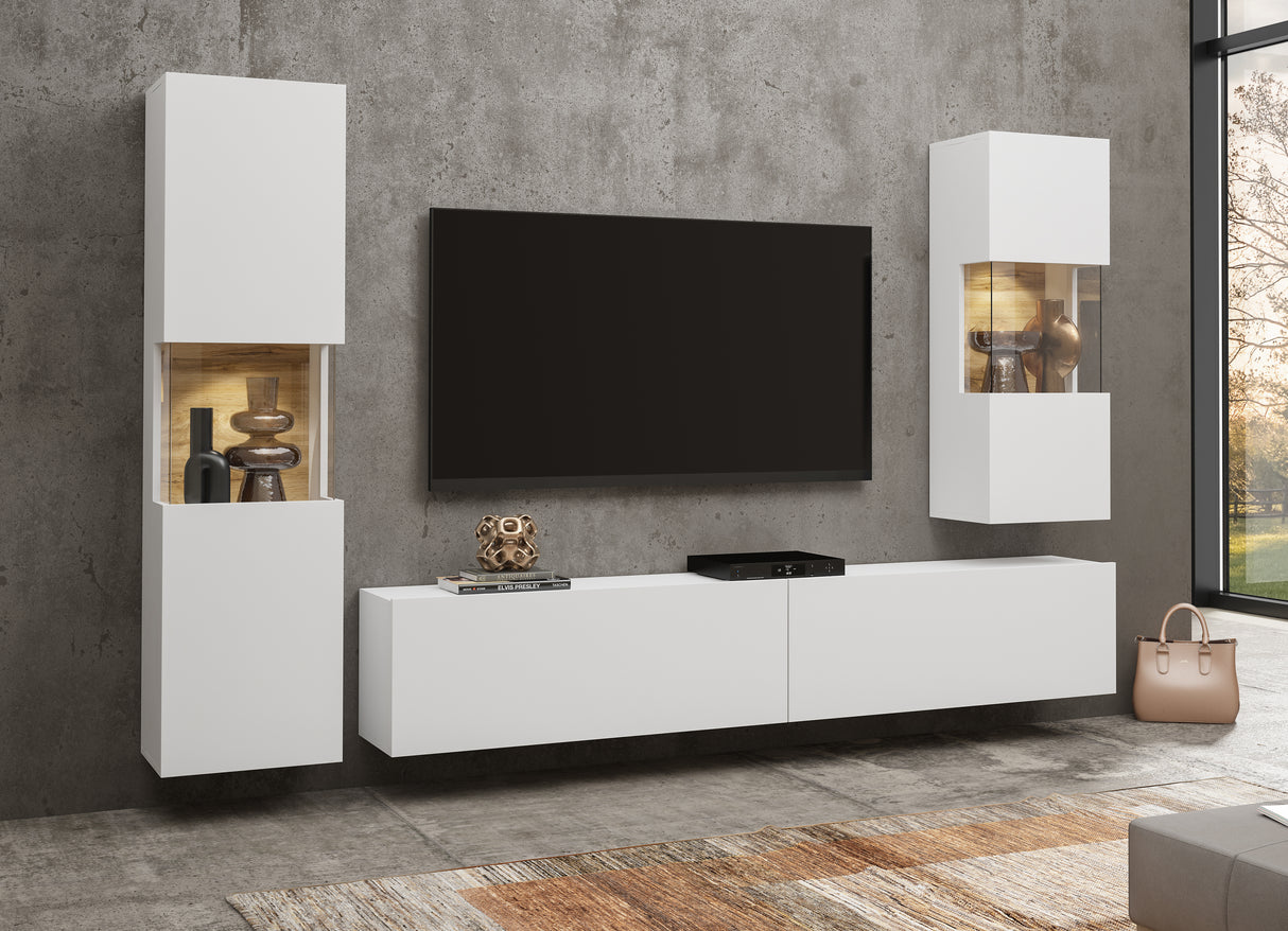 TV WALL UNIT AVA Wotan oak/whiteThe set consists of the following elements(width/height/depth in cm)AVA 05 display cabinet (36/140/30)AVA 07 display cabinet (36/95/30)TV chest of drawers AVA 40 (180/35/30)Specific information ColorationWotan Oak / White A