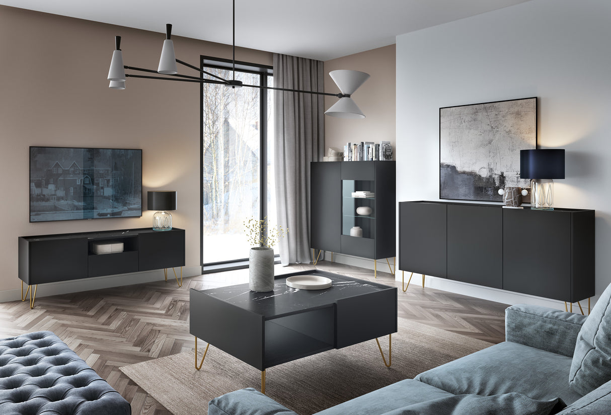 Coffee Table HARMONY 05 black / black marbleTV Stand HARMONY 01 (144/55/37) Colour Black / Black marble + Golden Material Laminated board 16mm Veneer Edging ABS Metal LegsAnna Furniture