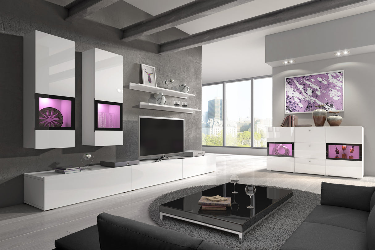 TV WALL UNIT BAROS WHITE GLOSS/WHITEThe set consists of the following elements(width/height/depth in cm)2 x Hanging cabinet (35/100/25cm)2 x Hanging shelf (120/20/8cm)TV chest of drawers (180/26/41cm)TV chest of drawers (90/26/41)SIDEBOARD IS NOT INCLUDED