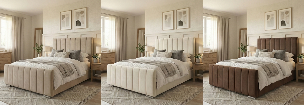 FREE DELIVERY! Modern Velvet Ottoman Bed Frame with Gas-Lift Storage & Tall Vertical Design Headboard – Available in All Sizes