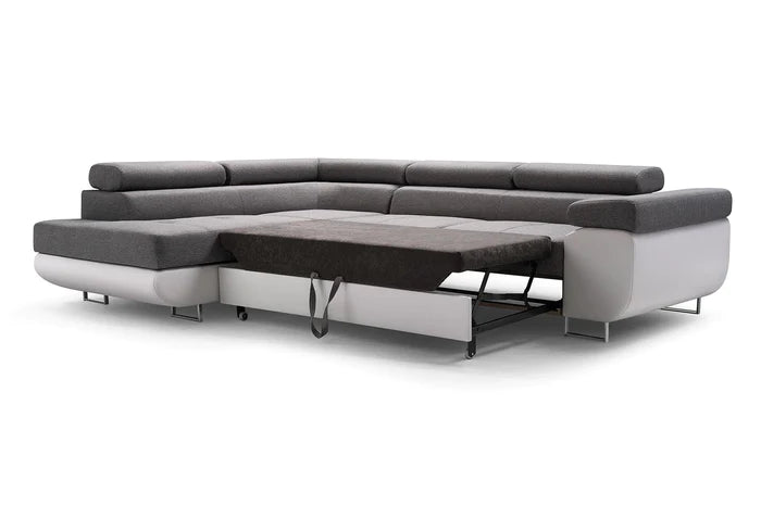 ASH II 273CM KRONOS 17 / SOFT 1114 RIGHT CORNERWavy springs + foam Large sleeping areaTOP OF THE SOFA FABRIC KRONOS 17 BOTTOM FAUX BLACK LEATHER Dimensions W: 273cm D:203cm H: 90cm Sleeping area: 195x123cmAnna Furniture