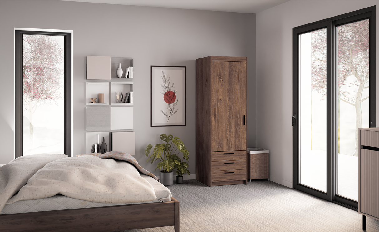 WARDROBE SELENA 1D 3S 60CMAVAILABLE IN 3 COLORSSONOMA, WHITE AND LEFKAS OAKDimensions: 599 x 1905 x 530 mm (W x H x D) Number of packages: 2 Front: - laminated board 15 mm - the melamine edging - handle: 128 mm / plastic The body: - laminated board 15 mm