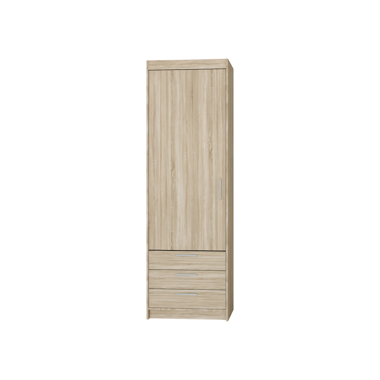 WARDROBE SELENA 1D 3S 60CMAVAILABLE IN 3 COLORSSONOMA, WHITE AND LEFKAS OAKDimensions: 599 x 1905 x 530 mm (W x H x D) Number of packages: 2 Front: - laminated board 15 mm - the melamine edging - handle: 128 mm / plastic The body: - laminated board 15 mm