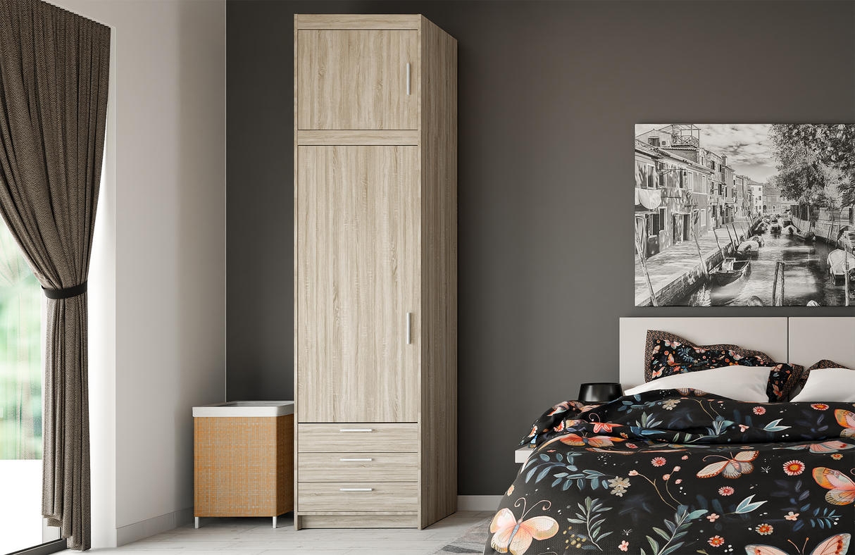 WARDROBE SELENA 1D 3S 60CMAVAILABLE IN 3 COLORSSONOMA, WHITE AND LEFKAS OAKDimensions: 599 x 1905 x 530 mm (W x H x D) Number of packages: 2 Front: - laminated board 15 mm - the melamine edging - handle: 128 mm / plastic The body: - laminated board 15 mm