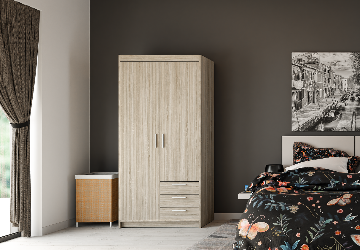 WARDROBE SELENA 2D 3S 90CM *AVAILABLE IN 3 COLORS*AVAILABLE IN 3 COLORSSONOMA, WHITE AND LEFKAS OAK Dimensions: 897 x 1905 x 530 mm (W x H x D) Number of packages: 2 Front: - laminated board 15 mm - the melamine edging - handle: 128 mm / plastic The body: