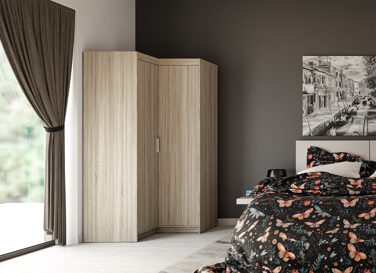 CORNER WARDROBE SELENA 2D NAR 100CM *AVAILABLE IN 3 COLORS*AVAILABLE IN 3 COLORSSONOMA, WHITE AND LEFKAS OAK Dimensions: 978 x 1905 x 978 mm (W x H x D) Number of packages: 3 Front: - laminated board 15 mm - the melamine edging - handle: 128 mm / plastic