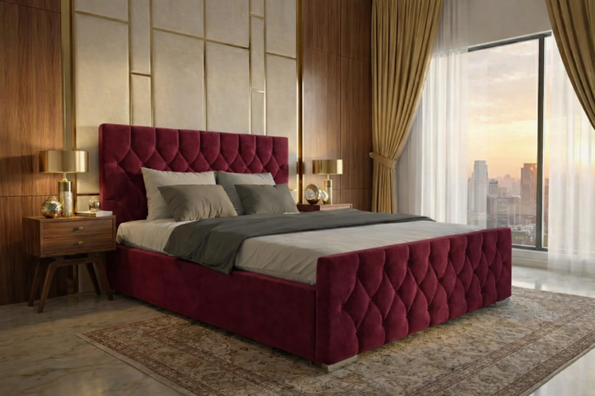 FREE DELIVERY! Luxury Velvet Chesterfield Bed with Deep Diamond Tufting & Chrome Feet – Available in All Sizes / PLUSH VELVET MAROON