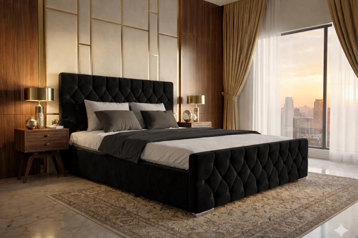 FREE DELIVERY! Luxury Velvet Chesterfield Bed with Deep Diamond Tufting & Chrome Feet – Available in All Sizes / PLUSH VELVET BLACK - Anna Furniture
