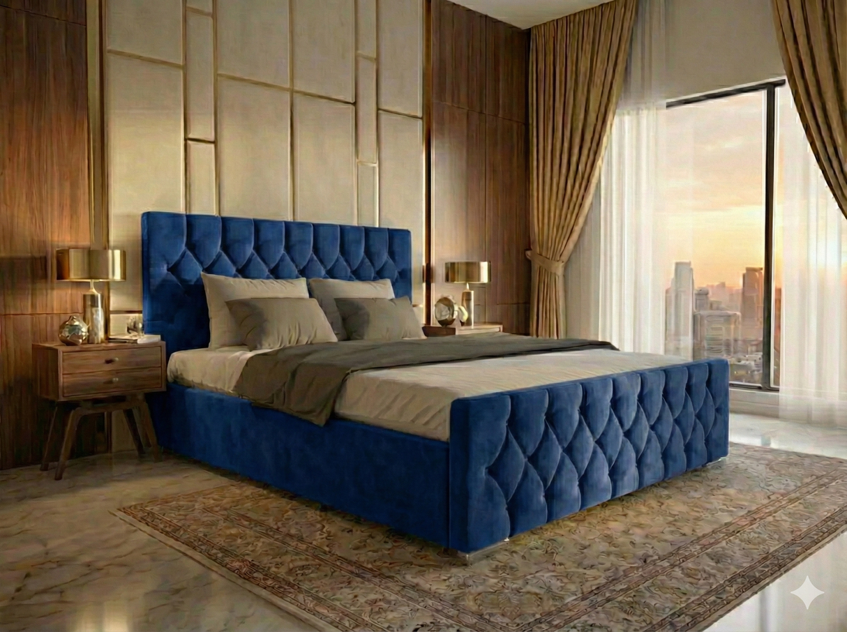 FREE DELIVERY! Luxury Velvet Chesterfield Bed with Deep Diamond Tufting & Chrome Feet – Available in All Sizes