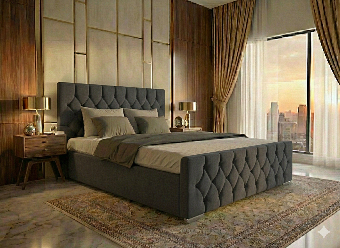 FREE DELIVERY! Luxury Velvet Ottoman Chesterfield Bed with Deep Diamond Tufting & Chrome Feet – Available in All Sizes / PLUSH VELVET STEEL