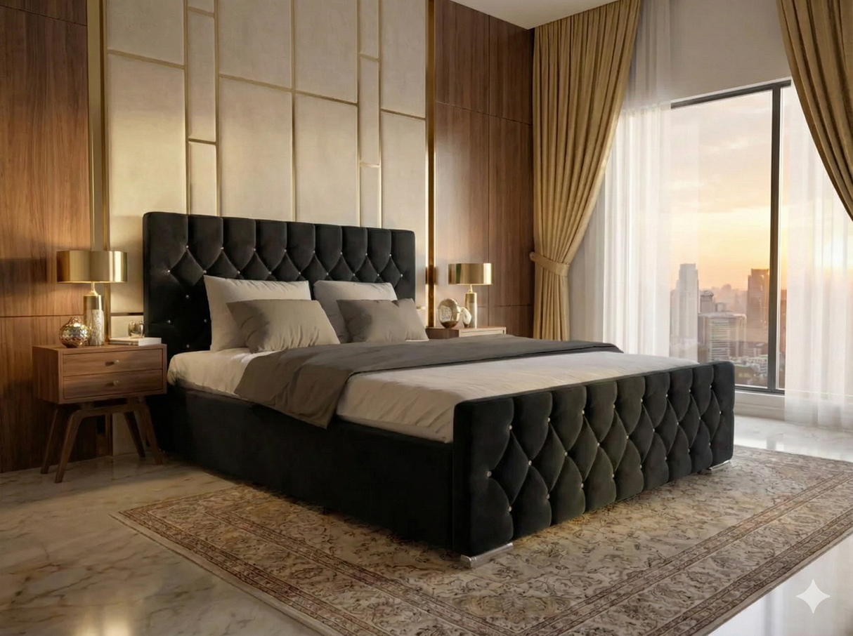 FREE DELIVERY! Luxury Velvet Chesterfield Bed with Deep Diamond Tufting & Chrome Feet – Available in All Sizes