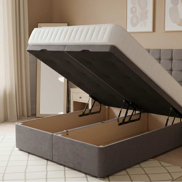 FREE DELIVERY! Modern Velvet Ottoman Bed Frame with Gas-Lift Storage & Tall Vertical Design Headboard – Available in All Sizes