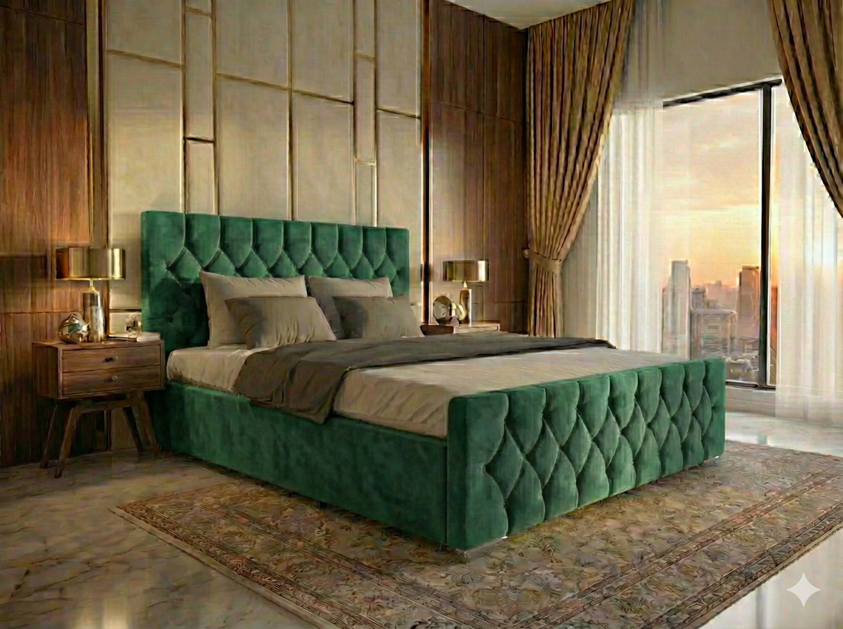 FREE DELIVERY! Luxury Velvet Chesterfield Bed with Deep Diamond Tufting & Chrome Feet – Available in All Sizes