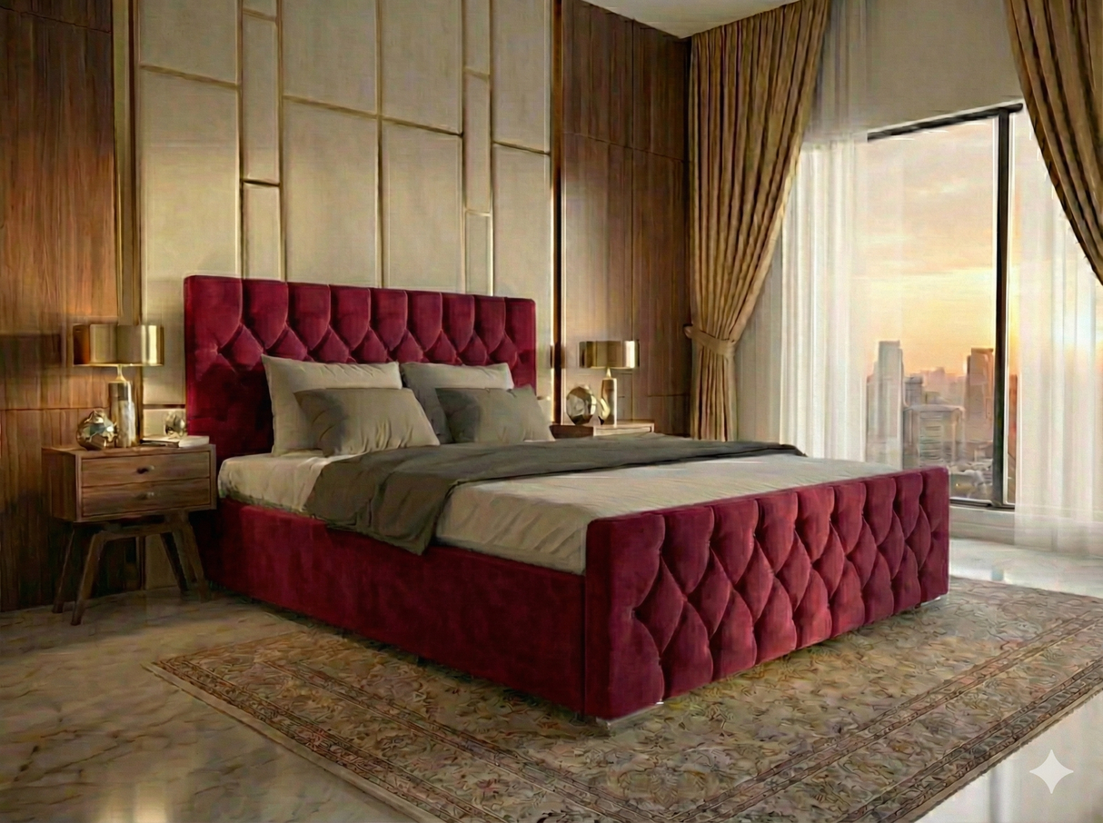 FREE DELIVERY! Luxury Velvet Chesterfield Bed with Deep Diamond Tufting & Chrome Feet – Available in All Sizes