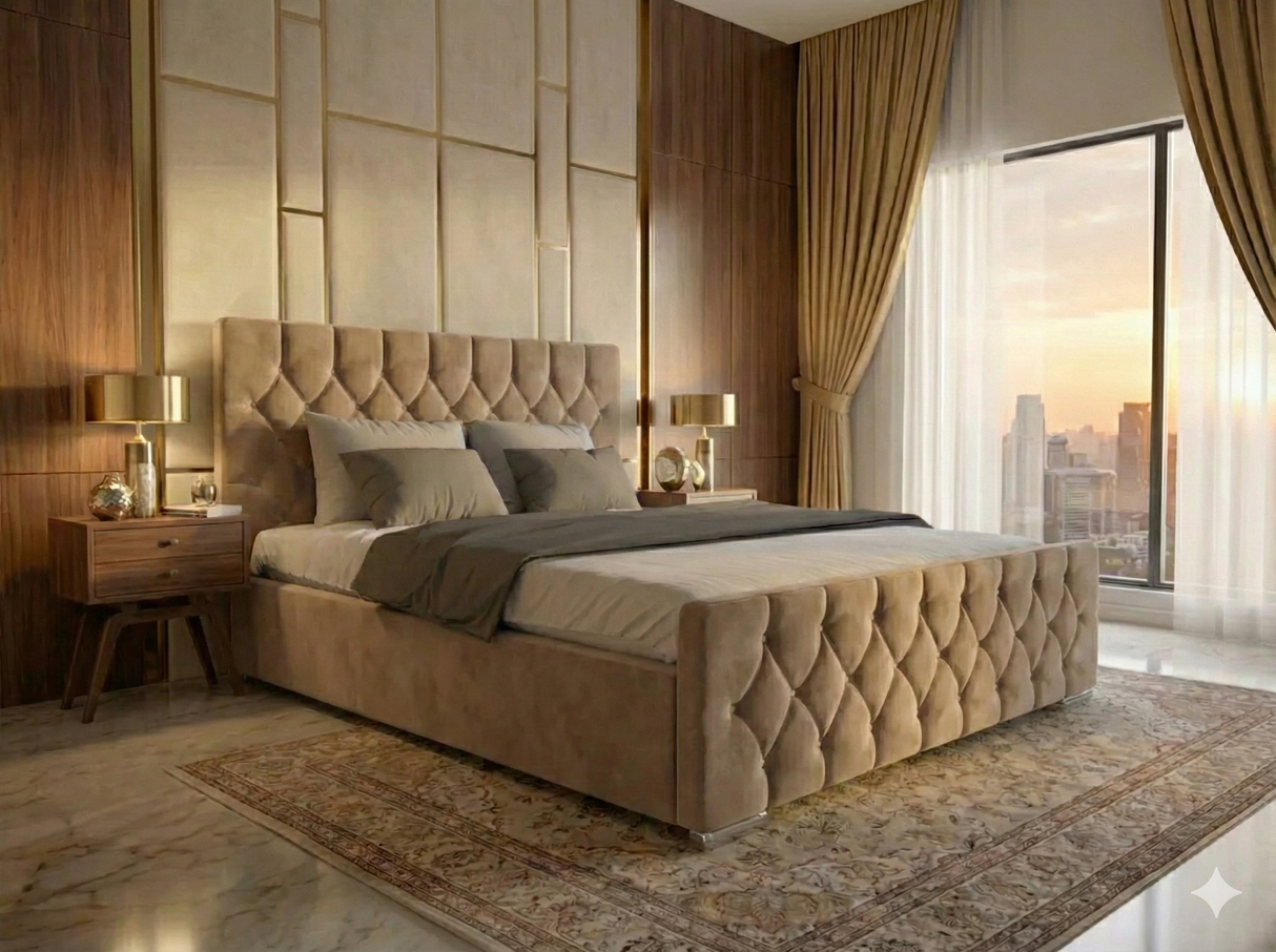 FREE DELIVERY! Luxury Velvet Chesterfield Bed with Deep Diamond Tufting & Chrome Feet – Available in All Sizes