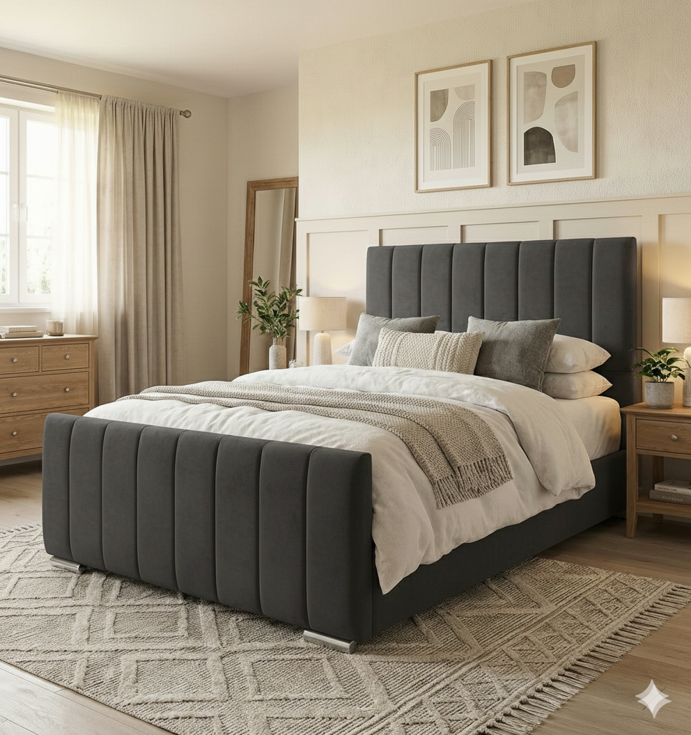 FREE DELIVERY! Modern Velvet Ottoman Bed Frame with Gas-Lift Storage & Tall Vertical Design Headboard – Available in All Sizes