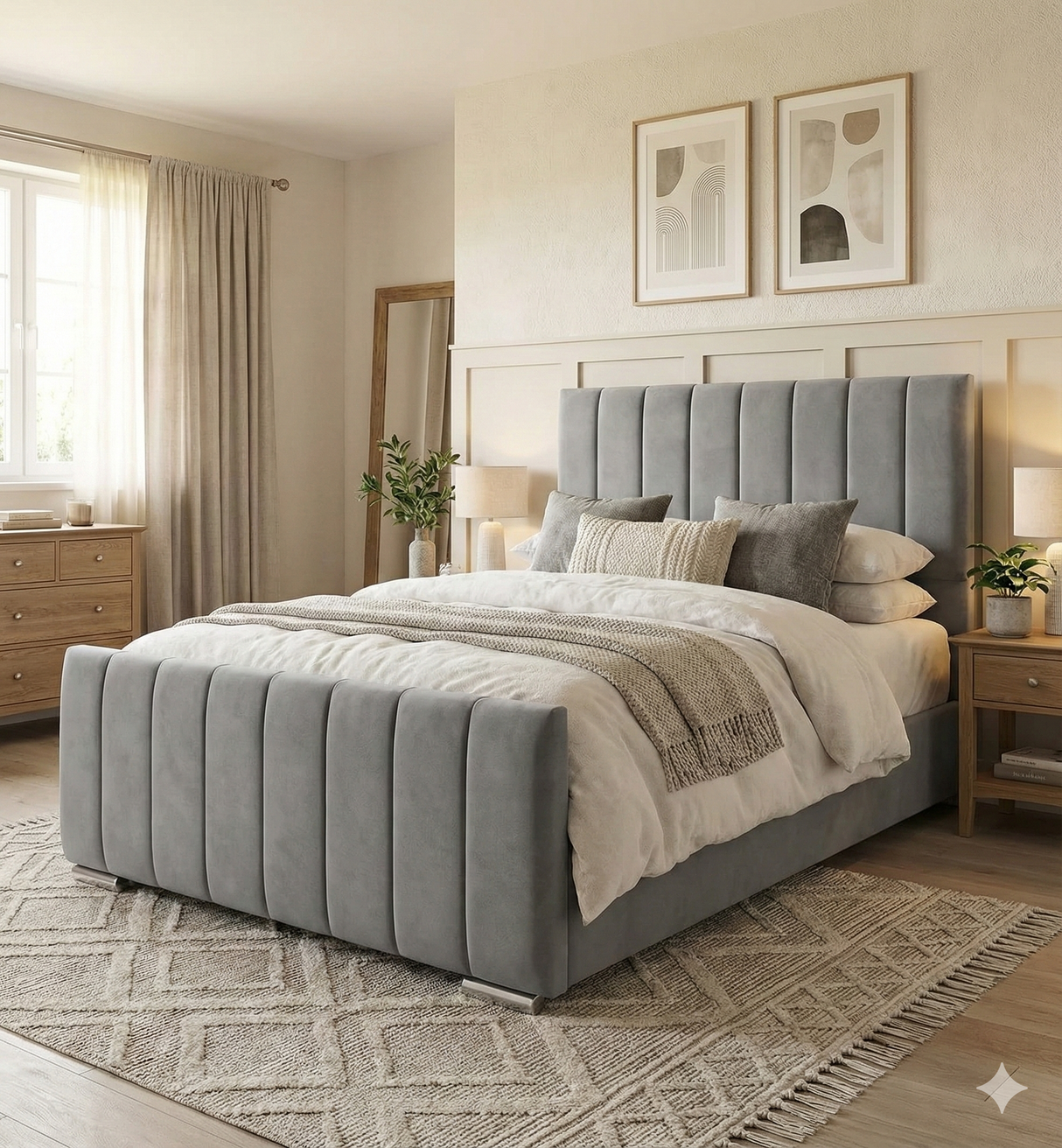 FREE DELIVERY! Modern Velvet Ottoman Bed Frame with Gas-Lift Storage & Tall Vertical Design Headboard – Available in All Sizes