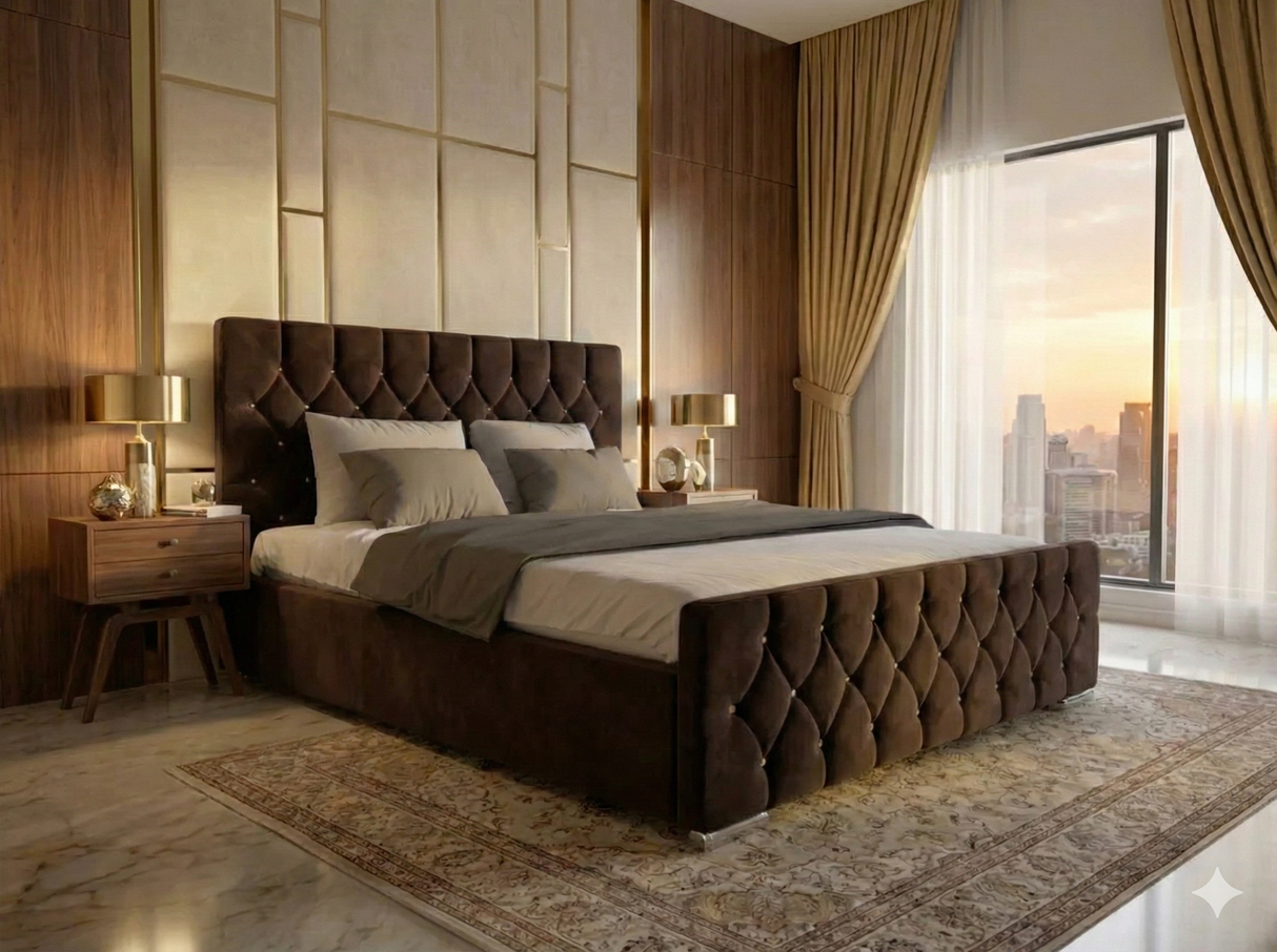 FREE DELIVERY! Luxury Velvet Chesterfield Bed with Deep Diamond Tufting & Chrome Feet – Available in All Sizes