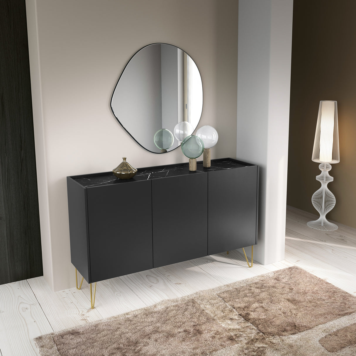 Storage cabinet HARMONY 03 black / black marbleStorage cabinet HARMONY 03 black / black marble 144/83/37CM ColourBlack / Black marble + Golden MaterialLaminated board 16mm VeneerEdging ABS Metal Legs PUSH-TO-OPENAnna Furniture