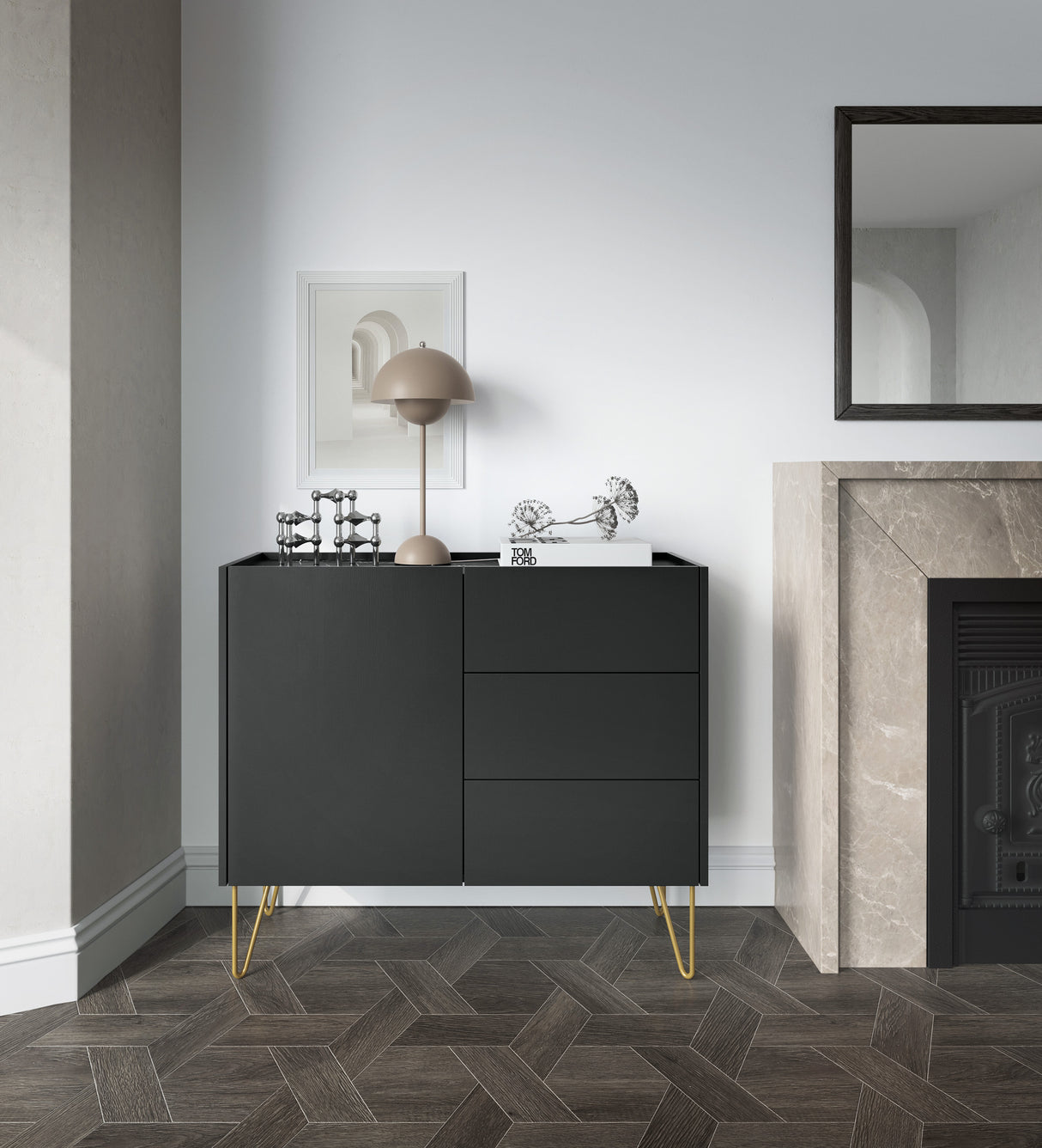 Storage cabinet HARMONY 02 black / black marbleStorage cabinet HARMONY 02 black / black marble 97/83/37CM ColourBlack / Black marble + Golden MaterialLaminated board 16mm VeneerEdging ABS Metal Legs PUSH-TO-OPENAnna Furniture