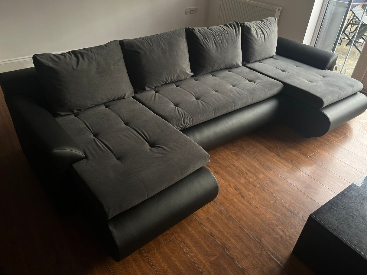 CORNER SOFA BED PRADO U SHAPE TRINITY 15/1114 GRAPHITE / BLACK FAUX LEATHER 300cm WATER RESISTANT FABRIC / SPRINGS + FOAMWavy springs CHOICE OF COLOR large sleeping areaSeat and cushions made of Trinity Fabric click here bottom and sides made on faux leat