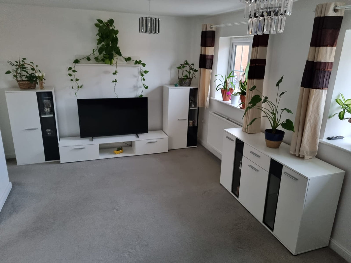 TV WALL UNIT SAMBA SET WITH SIDEBOARD WHITEFlat packed for self-assembly with a clear and easy instructions. Modern design makes it suitable for any interior.CUPBOARD: Dimensions: width 140 cm height 80 cm depth. 40 cm EXTRAS FOR BOTH WALL UNIT AND SIDEBO