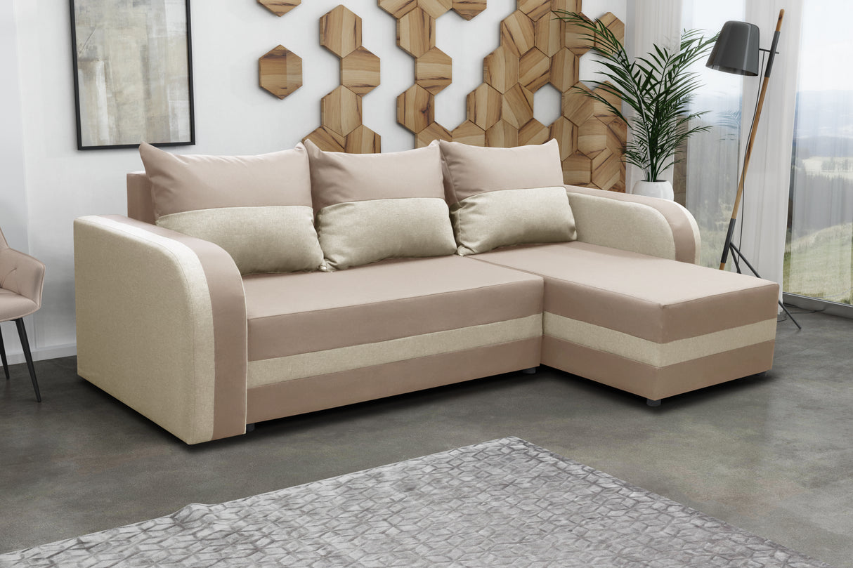 CORNER SOFA BED FLORIDA 238CM universal RIGHT/LEFT CORNER / FOAMTHIS MODEL IN UNIVERSAL WHICH MEANS YOU CAN CHOOSE CORNER SIDE DURING ASSEMBLY3x PILLOWS INCLUDED1X STORAGE SPACESLEEPING FUNCTIONSAWANA FABRICDIMENTIONSWidth: 238 cmDepth: 138cmSleeping area