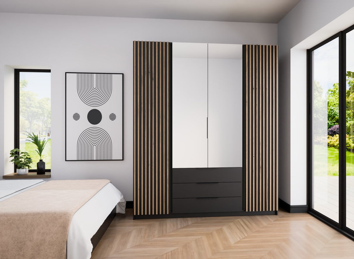 KAJA 2LAM 2 MIRROR 3S - AVAILABLE IN 4 COLORSDimensions: 2000 x 2390 x 619 mm (W x H x D)Number of Packages: 6Front:- laminated plate 16 mm - the edge of ABS- handle UA-HEXA-256-20M, 256 mm / aluminumThe body:- laminated plate 16 mm- melamine / ABS periph