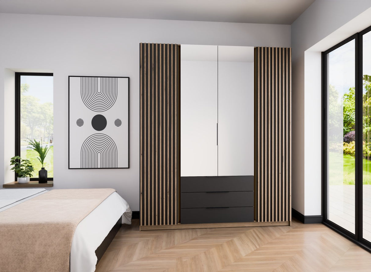 KAJA 2LAM 2 MIRROR 3S - AVAILABLE IN 4 COLORSDimensions: 2000 x 2390 x 619 mm (W x H x D)Number of Packages: 6Front:- laminated plate 16 mm - the edge of ABS- handle UA-HEXA-256-20M, 256 mm / aluminumThe body:- laminated plate 16 mm- melamine / ABS periph