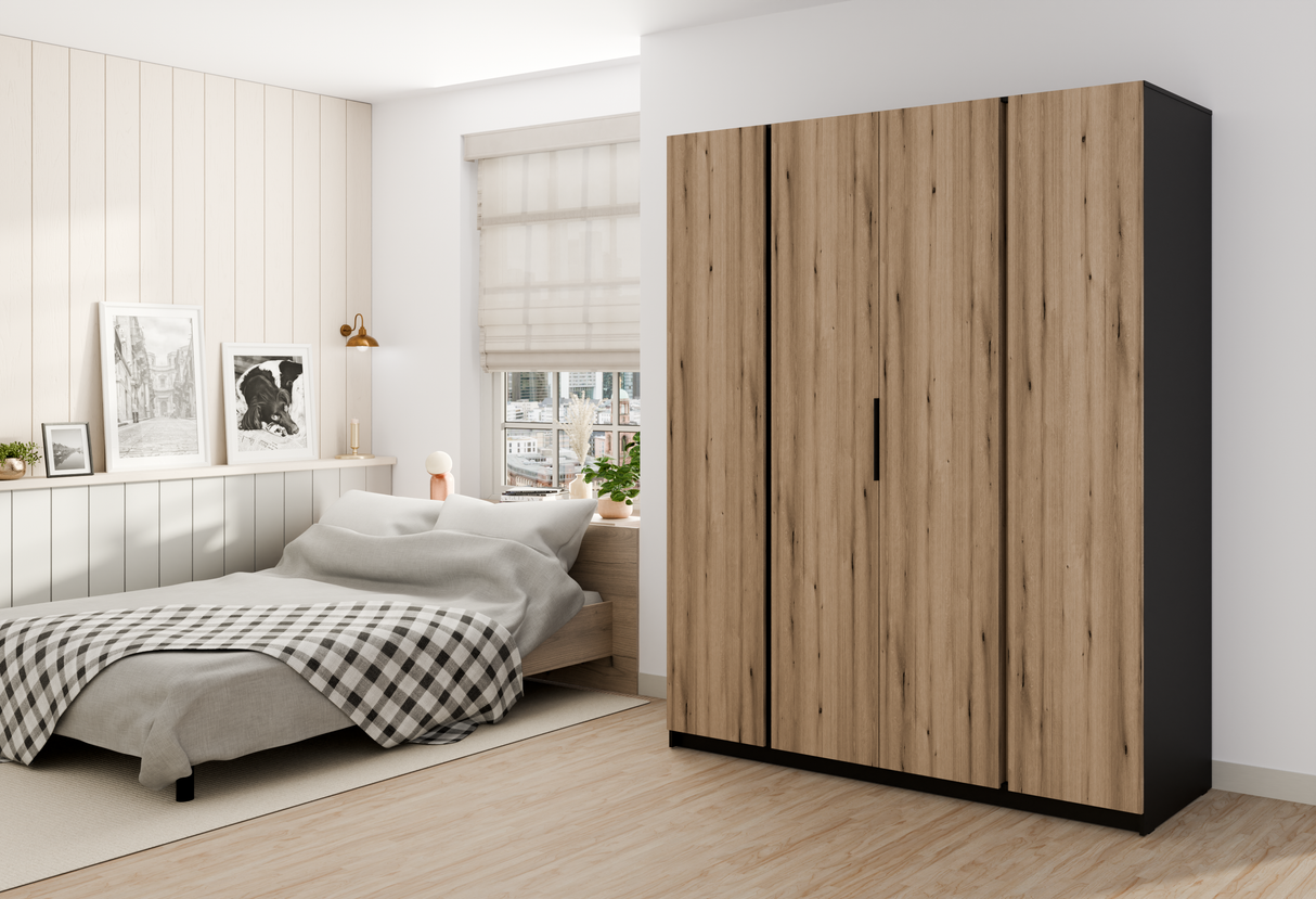 KAJA 4F - AVAILABLE IN 4 COLORSDimensions: 2000 x 2390 x 619 mm (W x H x D)Number of Packages: 6Front:- laminated plate 16 mm - black- the edge of ABS- handle UA-HEXA-256-20M, 256 mm / aluminumThe body:- laminated plate 16 mm - oak evoke- melamine / ABS p