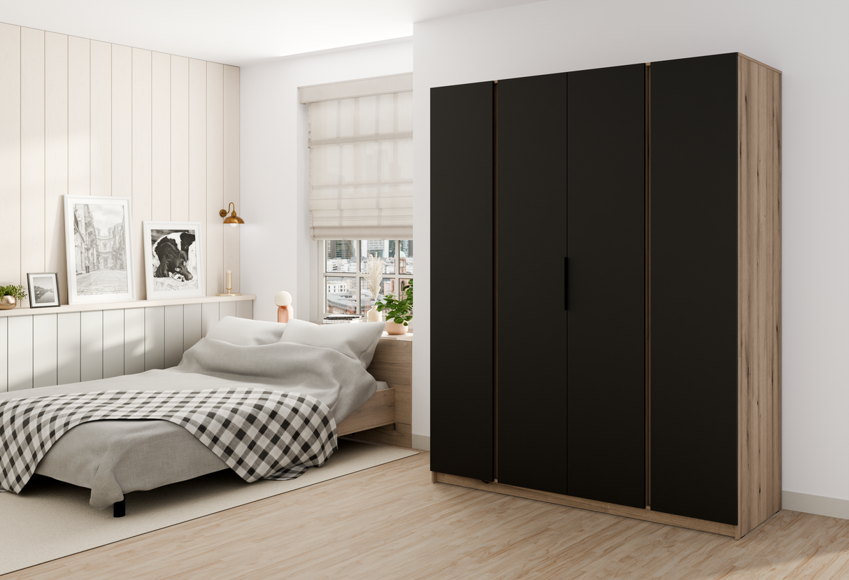 KAJA 4F - AVAILABLE IN 4 COLORSDimensions: 2000 x 2390 x 619 mm (W x H x D)Number of Packages: 6Front:- laminated plate 16 mm - black- the edge of ABS- handle UA-HEXA-256-20M, 256 mm / aluminumThe body:- laminated plate 16 mm - oak evoke- melamine / ABS p