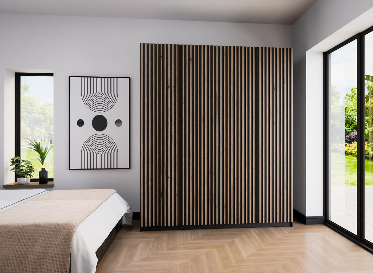 KAJA 4LAM - AVAILABLE IN 4 COLORSDimensions: 2000 x 2390 x 619 mm (W x H x D)Number of Packages: 6Front:- laminated plate 16 mm - black- the edge of ABS- handle UA-HEXA-256-20M, 256 mm / aluminumThe body:- laminated plate 16 mm - oak evoke- melamine / ABS