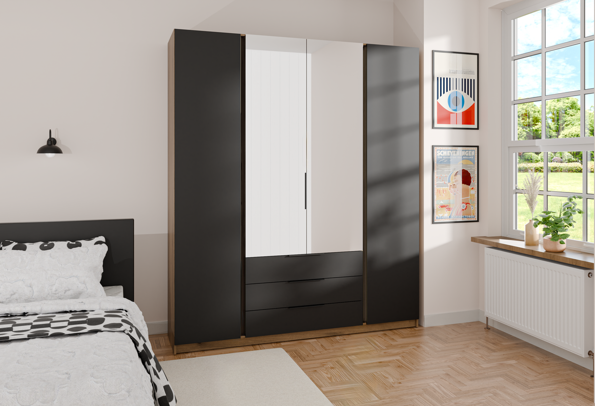 KAJA 2F 2 MIRROR 3S - AVAILABLE IN 4 COLORSDimensions: 2000 x 2390 x 619 mm (W x H x D)Number of Packages: 6Front:- laminated plate 16 mm - black- the edge of ABS- handle UA-HEXA-256-20M, 256 mm / aluminumThe body:- laminated plate 16 mm - oak evoke- mela