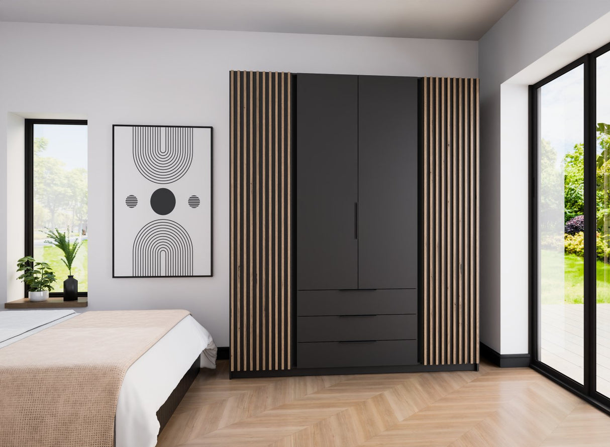 KAJA 2LAM 2F 3S - AVAILABLE IN 4 COLORSDimensions: 2000 x 2390 x 619 mm (W x H x D)Number of Packages: 6Front:- laminated plate 16 mm - the edge of ABS- handle UA-HEXA-256-20M, 256 mm / aluminumThe body:- laminated plate 16 mm- melamine / ABS peripheryDra