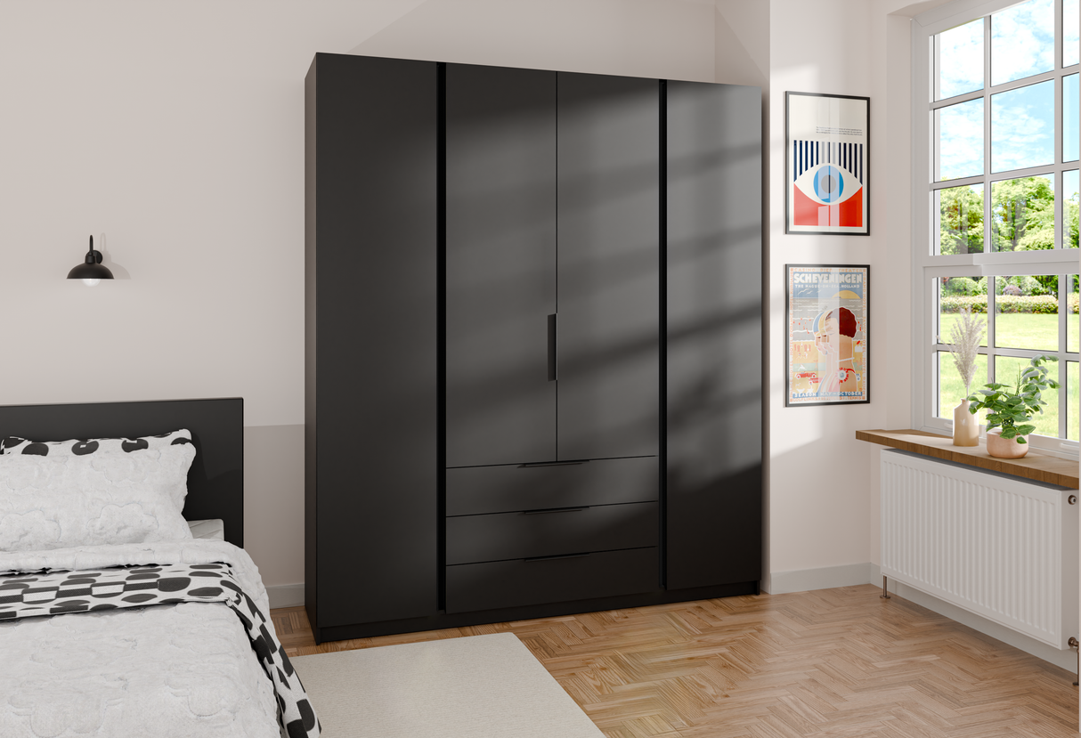 KAJA 4F 3S - AVAILABLE IN 4 COLORSDimensions: 2000 x 2390 x 619 mm (W x H x D)Number of packages: 6Front:- 16 mm laminated board- ABS edging- UA-HEXA-256-20M holder, 256 mm / aluminumBody:- 16 mm laminated board - melamine / ABS edgeDrawers:- QUADRO guide