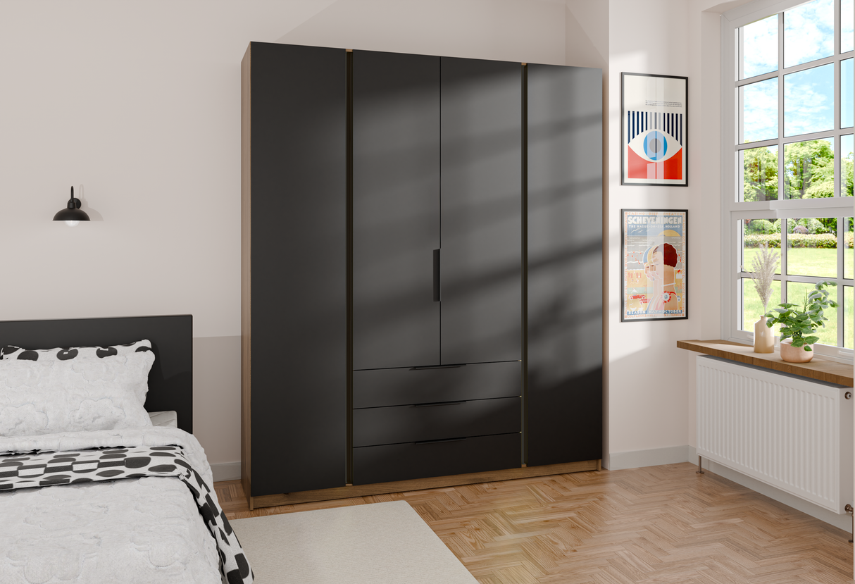 KAJA 4F 3S - AVAILABLE IN 4 COLORSDimensions: 2000 x 2390 x 619 mm (W x H x D)Number of packages: 6Front:- 16 mm laminated board- ABS edging- UA-HEXA-256-20M holder, 256 mm / aluminumBody:- 16 mm laminated board - melamine / ABS edgeDrawers:- QUADRO guide