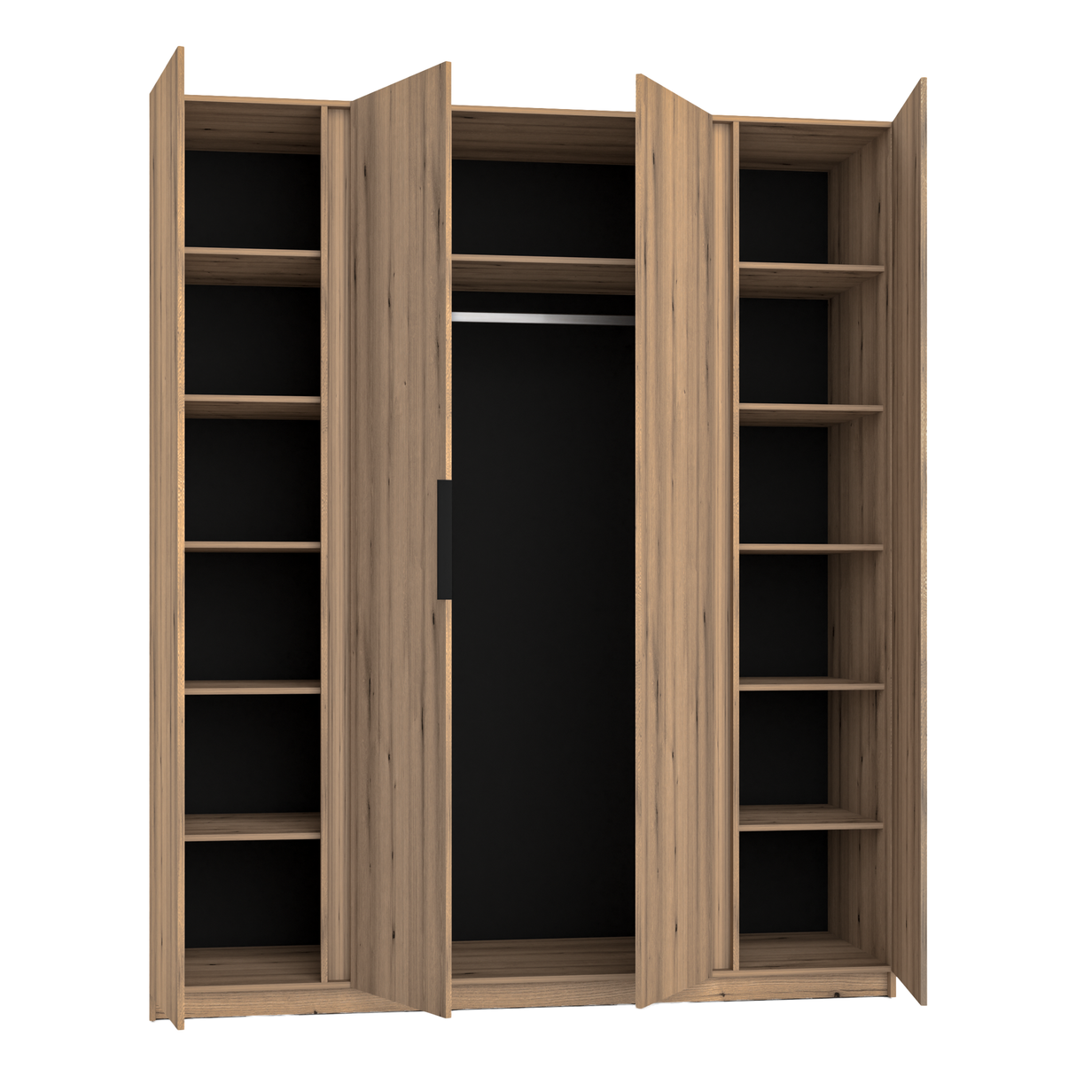 KAJA 4F - AVAILABLE IN 4 COLORSDimensions: 2000 x 2390 x 619 mm (W x H x D)Number of Packages: 6Front:- laminated plate 16 mm - black- the edge of ABS- handle UA-HEXA-256-20M, 256 mm / aluminumThe body:- laminated plate 16 mm - oak evoke- melamine / ABS p