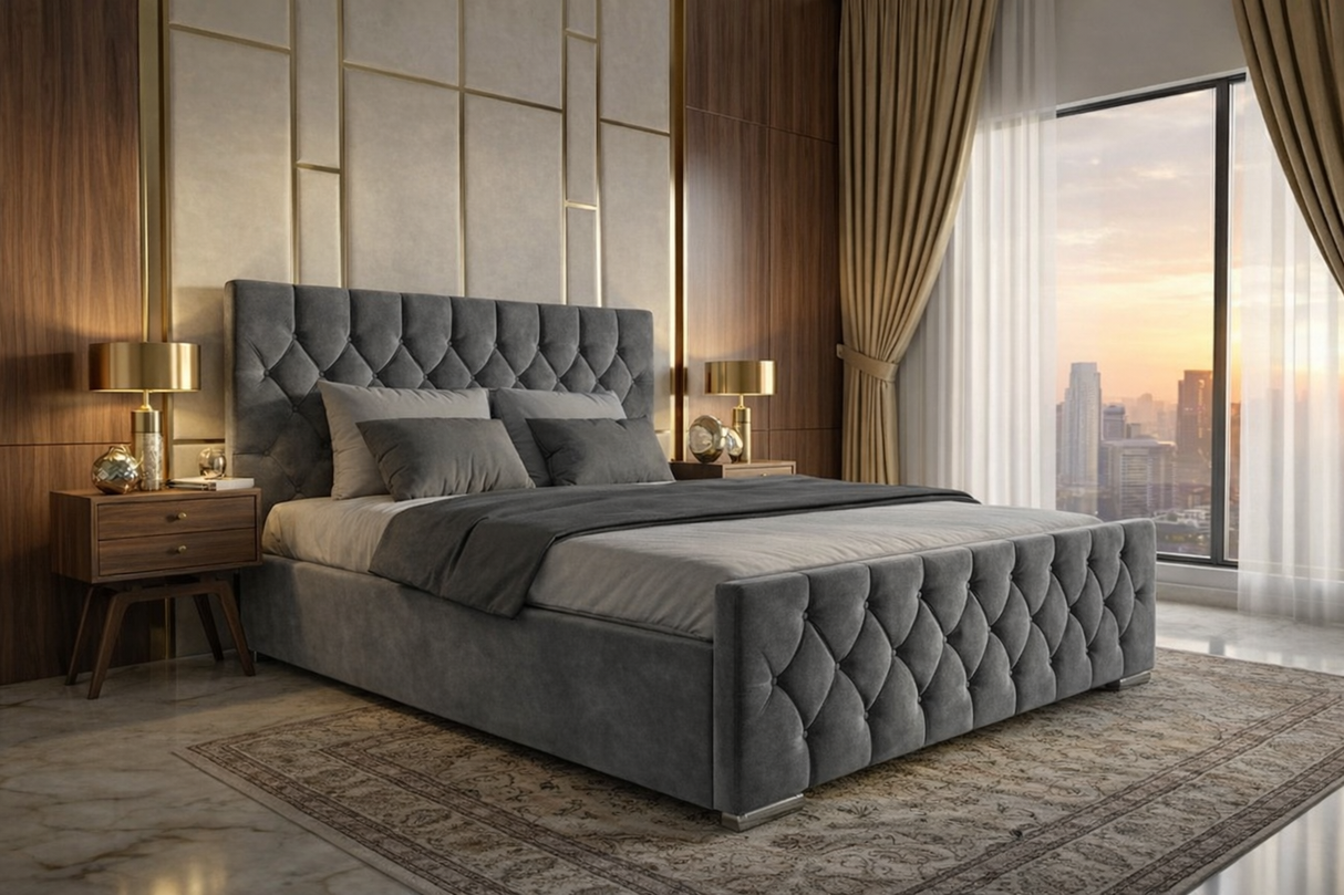 FREE DELIVERY! Luxury Velvet Chesterfield Bed with Deep Diamond Tufting & Chrome Feet – Available in All Sizes / PLUSH VELVET STEEL