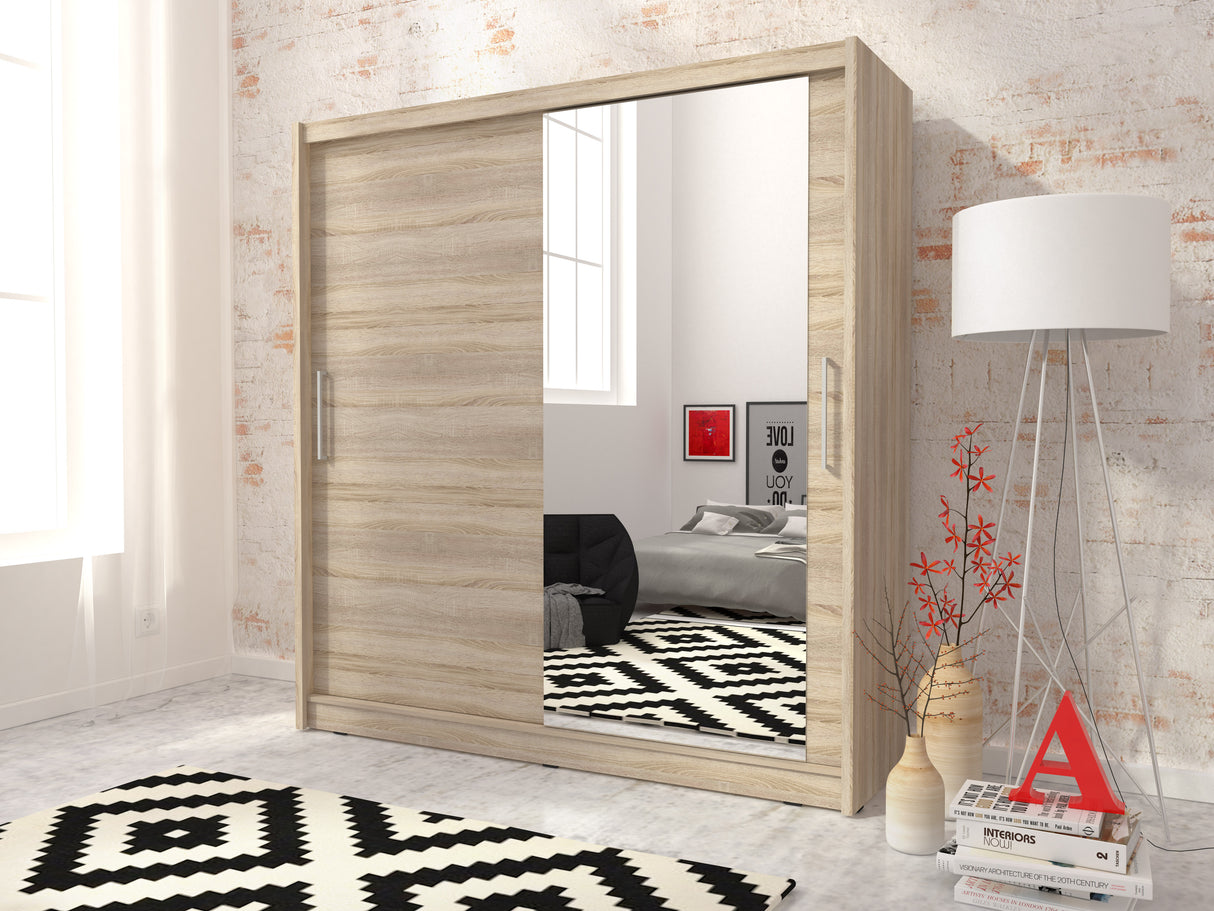 SLIDING DOOR WARDROBE MAJA I 180CM SONOMASliding wardrobes with mirror - a clever way to optically enlarge the room Maximize your space with the MAJA I 180CM SONOMA sliding door wardrobe. The mirrored panel create the illusion of more room, making it a sm