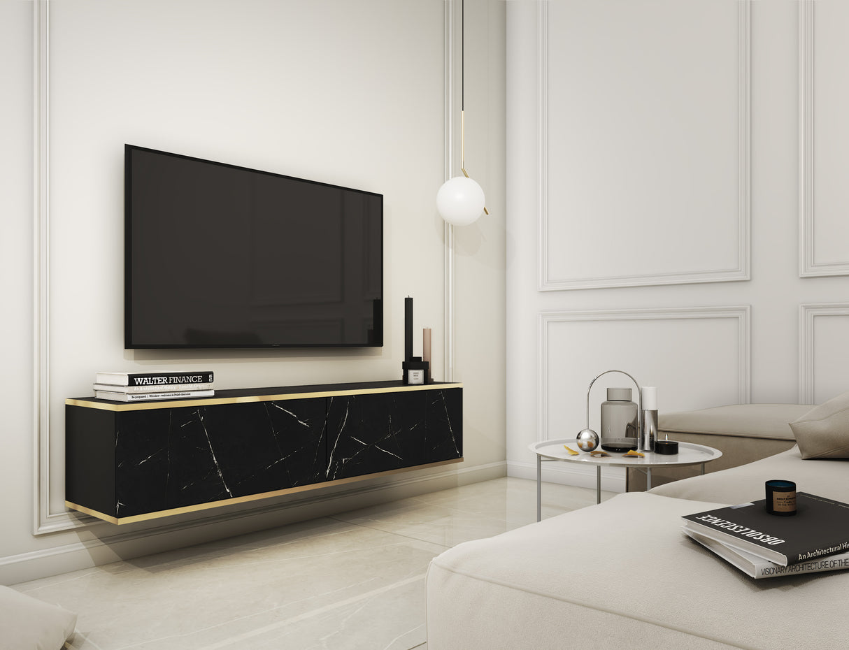 Floating TV Stand ORO 135 black marbleTV Stand ORO 135 Depth: 32cmWidth: 135cmHeight: 30cmA modern tv table is a practical and elegant piece of furniture, a perfect for people who looking for functional furniture for a modern interior.The simple design gu