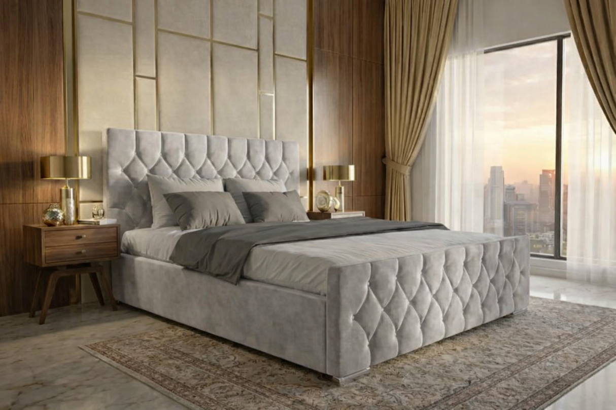 FREE DELIVERY! Luxury Velvet Chesterfield Bed with Deep Diamond Tufting & Chrome Feet – Available in All Sizes / PLUSH VELVET SILVER