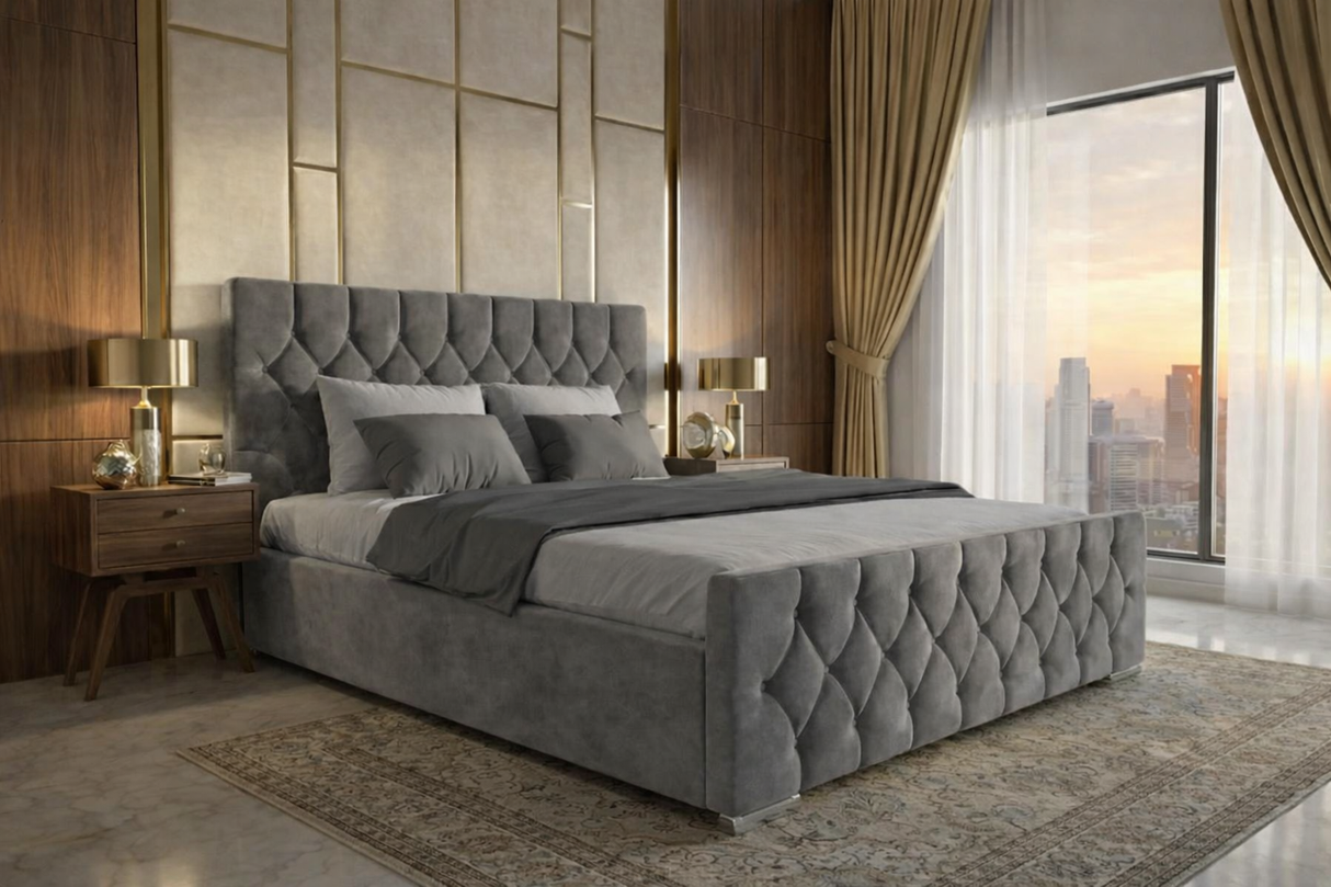 FREE DELIVERY! Luxury Velvet Chesterfield Bed with Deep Diamond Tufting & Chrome Feet – Available in All Sizes / PLUSH VELVET GREY