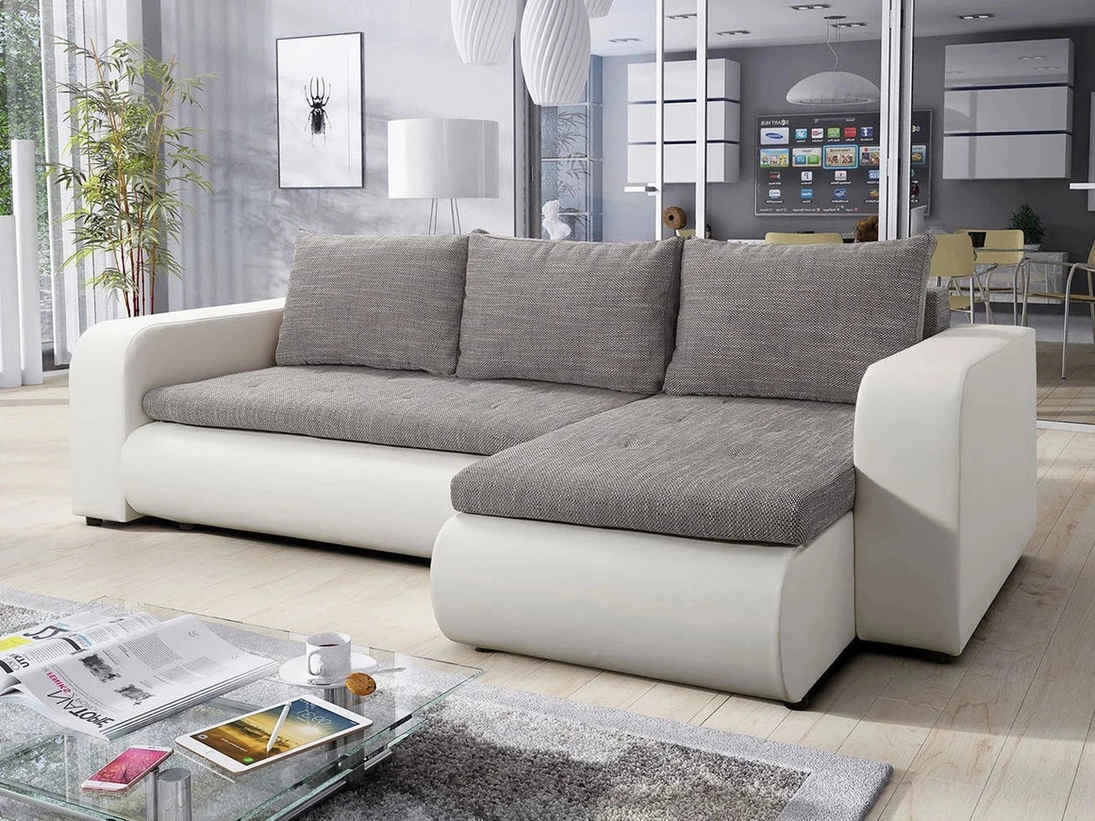 CORNER SOFA BED NIKO LAWA 5 / SOFT 17 238CM / SPRINGS + FOAMSEAT AND CUSHION MADE IN LAWA FABRIC CLICK HERE BOTTOM AND SIDES MADE ON FAUX LEATHER SOFT CLICK HEREDIMENSTIONS:WIDTH: 238cmDEPTH: 152CMHEIGHT: 85CMSLEEPING AREA:202X130CM FEATURES3X PILLOWS1X S