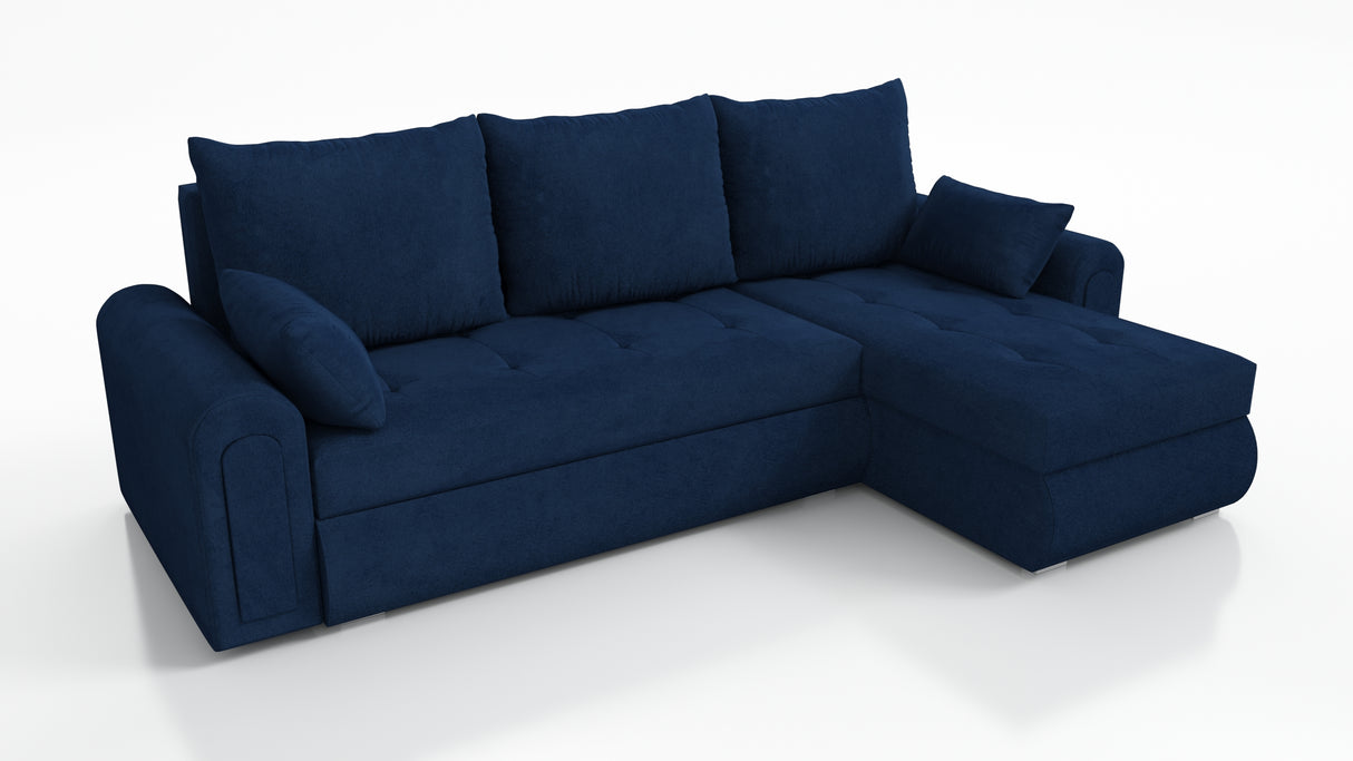 UNIVERSAL CORNER SOFA BED ECO 240CM BLUE KRONOS 09 2X STORAGETHIS MODEL IS UNIVERSAL WHICH MEANS YOU CAN CHOOSE CORNER SIDE DURING ASSEMBLY Specifications: frame made of pine wood and furniture board (synee) Seats are made of I species foam t28/42 (not de