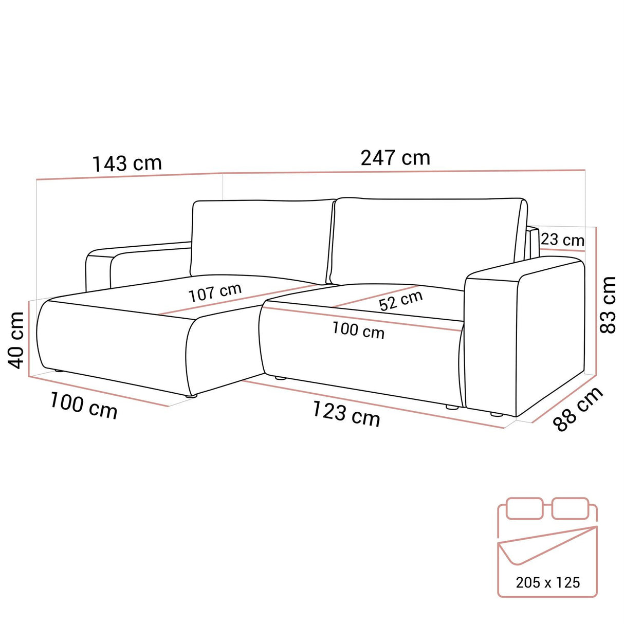CORNER SOFA BED OPTI 247CM SPRINGS + FOAMDimensions: total width: 247 cm, total height: 83 cm, total depth: 143 cm, sleeping area: 125x205 cm. Color: POSO fabric Execution: L-shaped corner, corner sofa with sleeping function, corner sofa with a bedding co