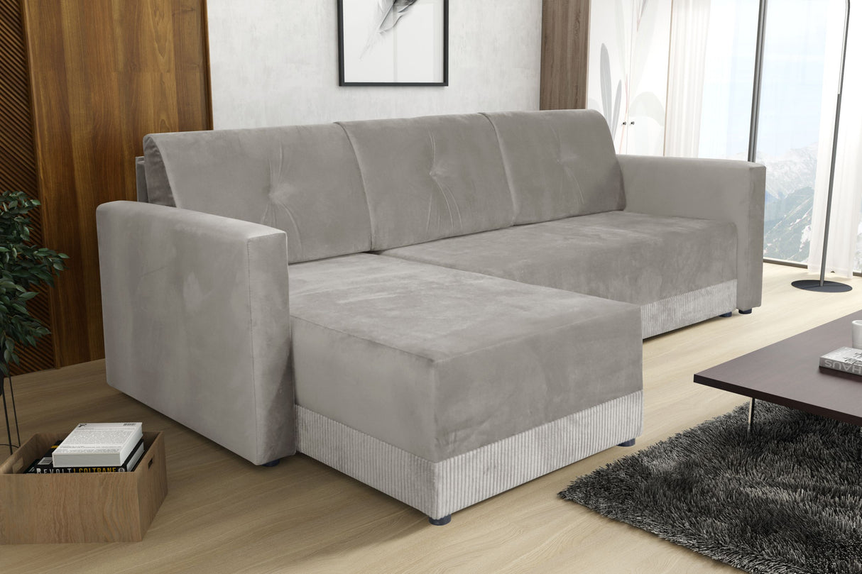 CORNER SOFA BED TEXAS 222CM UNIVERSAL RIGHT/LEFT CORNER CHOICE OF 15 COLORS / FOAMTHIS MODEL IS UNIVERSAL WHICH MEANS YOU CAN CHOOSE CORNER SIDE DURING ASSEMBLY CORNER SOFA BED TEXASFOAM T301X STORAGE SPACE3X PILLOWS MADE OF FOAMEASY CLEAN SOFT TOUCH FABR
