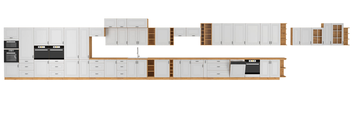 STILO KITCHEN SET CHOICE OF 4 COLOR VARIANTSFEATURESSilent closing systemColors/materials:white matt / artisanFront:- 16mm matt white MDF board, STILO cutter- handle: metal, blackCorps:- 16mm Artisan Oak laminated board- Artisan Oak melamine edgeThe set i