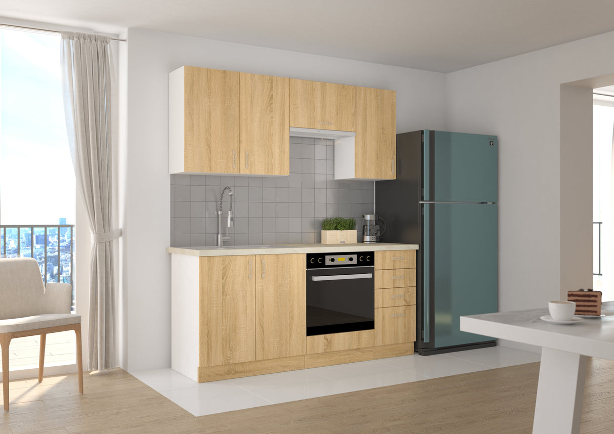 SARA KITCHEN SET SONOMA OAKThe set includes the following elements:Upper cabinets (hanging) SARA SONOMA 80 G-72 2F | width 80cm, depth 31cm, height 72cm SARA SONOMA 60 OK-40 1F | width 60cm, depth 31cm, height 40cm SARA SONOMA 40 G-72 1F | width 40cm, dep